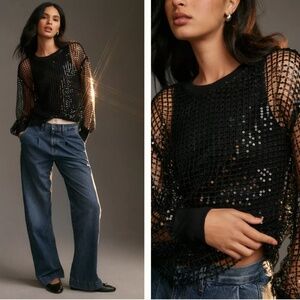 Anthropologie Pilcro Black Mesh Sequin Long Sleeve Sheer Top